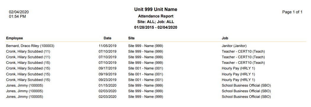 sample attendance report